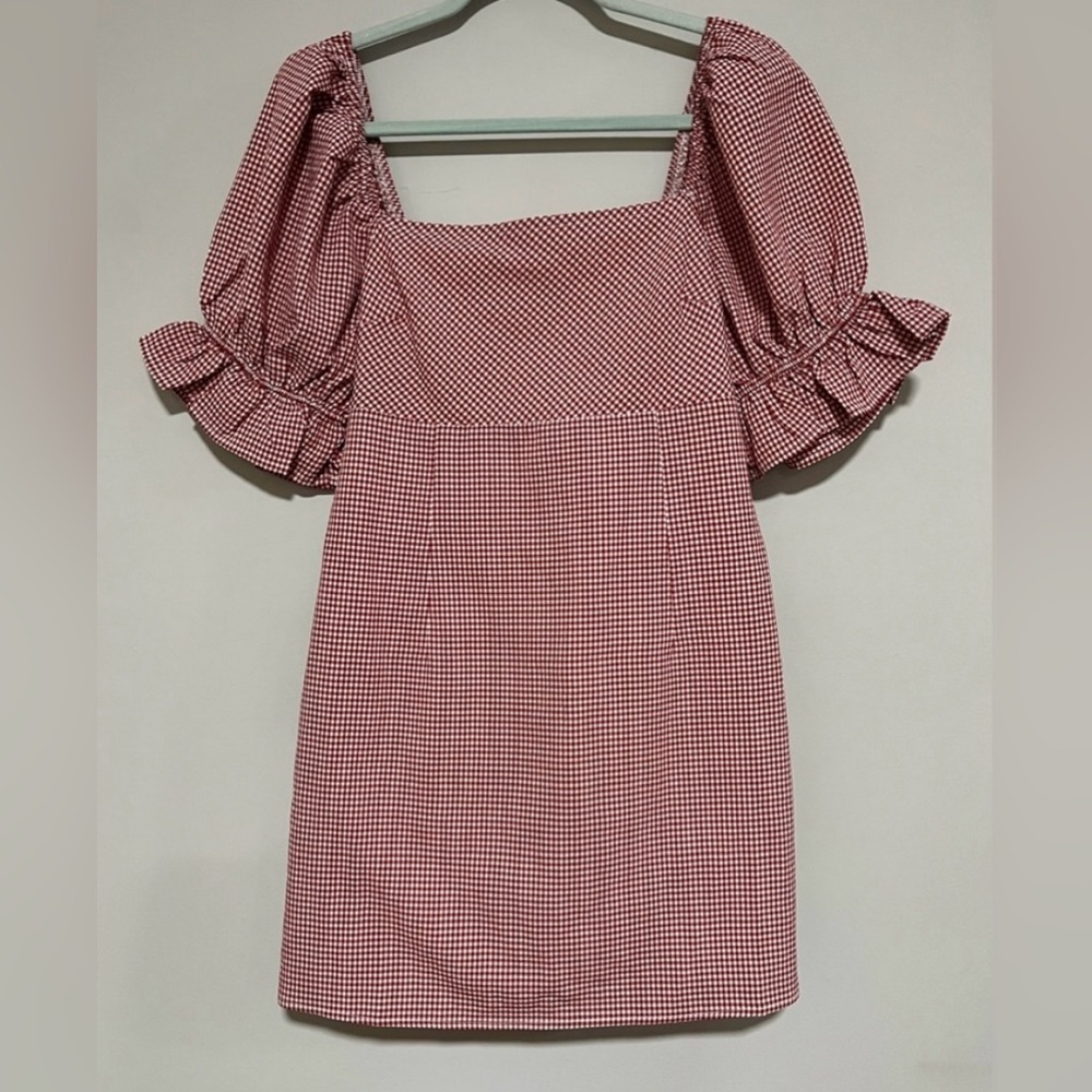 Blue Rain gingham puffy sleeve mini dress